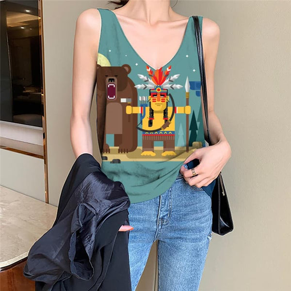 Indios Tank-Top women Bear Tank Tops Casual Animal Vest Print Dark Green Anime Clothes