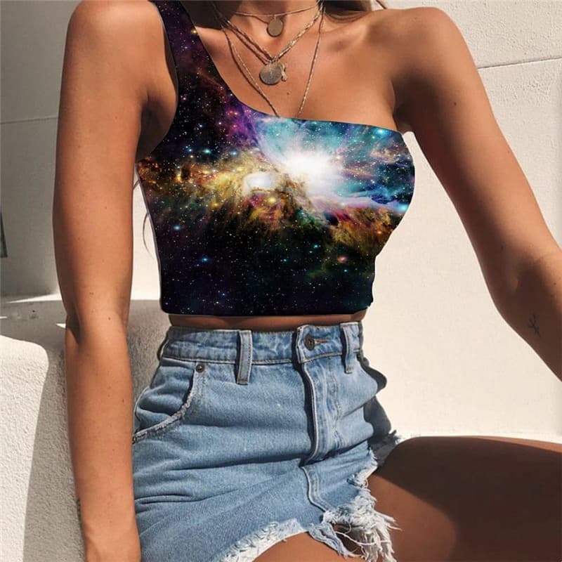 Galaxy Tank Tops Women Space Midriff T shirt Universe Tees Graphic Colorful Sleeveless Shirt