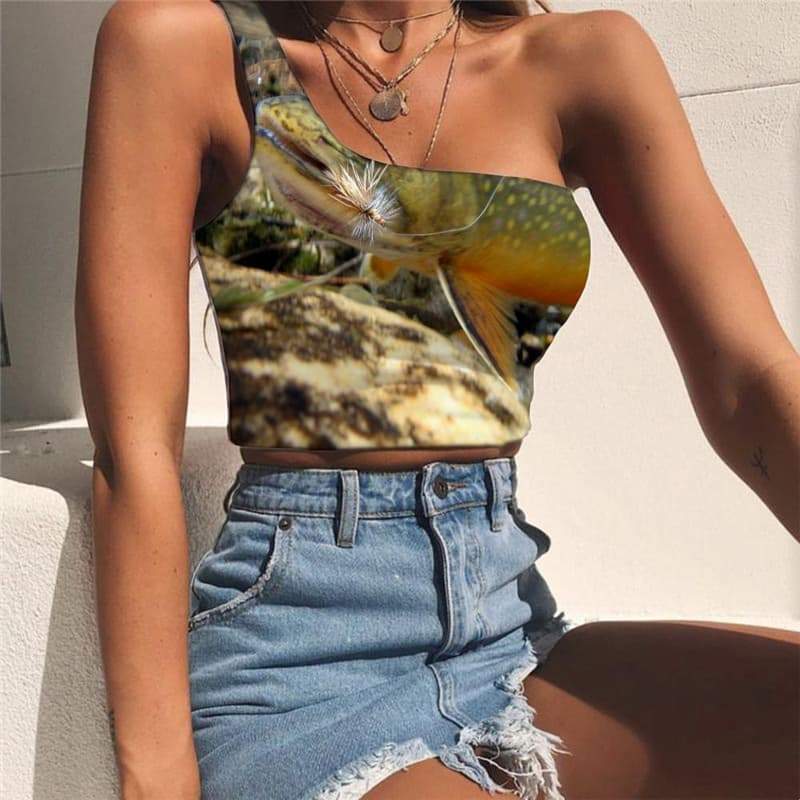 Animal Vest Tops Women Fishing One Shoulder Crop Novel Sleeveless Shirt - KYKU