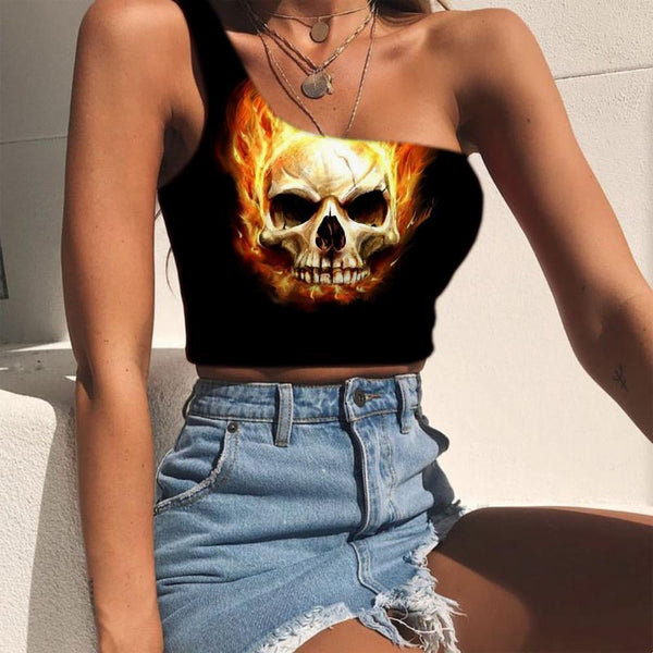 Skull Tank Tops Women Punk Midriff T shirt Skull Tees Graphic Flame Sleeveless Shirt - KYKU