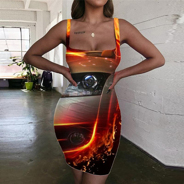 Flame Dresses Women Car Ladies Dresses Punk Rock Halter Sleeveless
