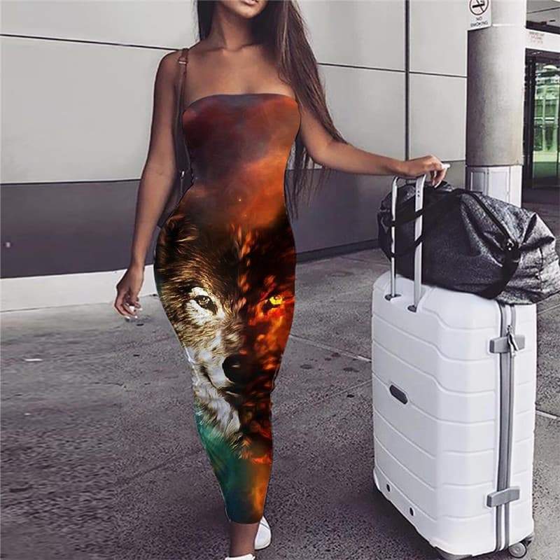 Wolf Dress Women Animal sleeveless Anime Bodycon Dress Nebula Vestido Sexy Space Ladies Dresses - KYKU