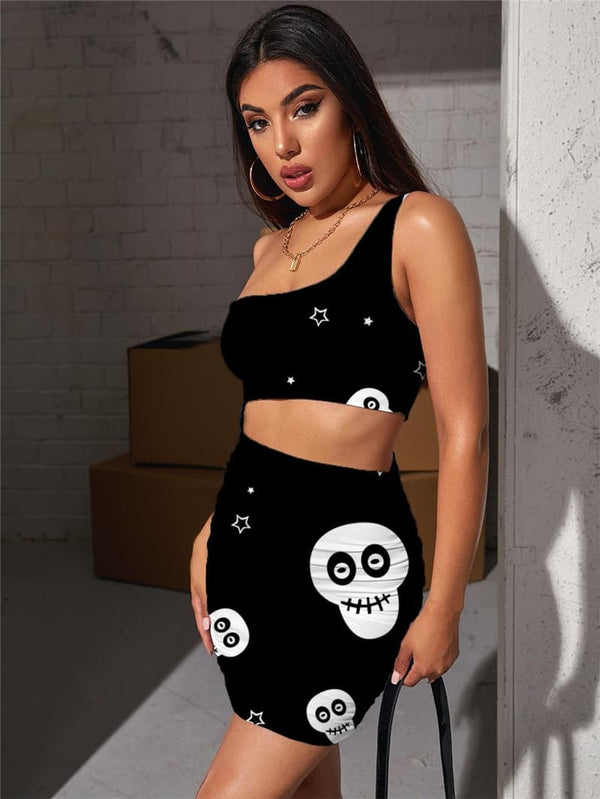 
Skull Dresses Women Star Halter Sleeveless Black Bodycon Dress Hip Hop Hollow out Dresses
                