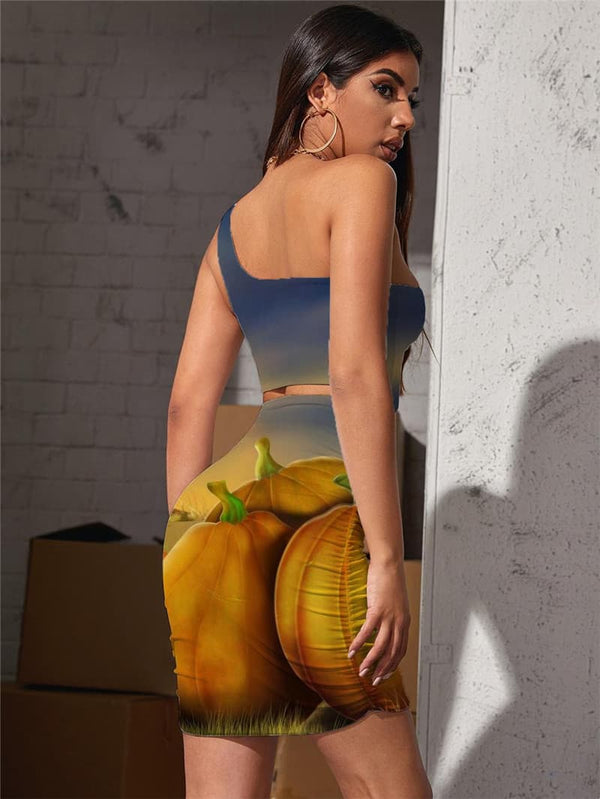 
Pumpkin Dresses Women Halloween Vestido Sexy Moon Pleating Harajuku Halter Sleeveless
                