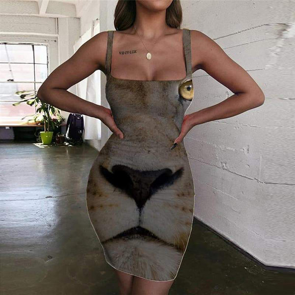 Lion Dresses Women Animal Ladies Dresses Anime Sundress Head Halter Sleeveless Harajuku Bodycon Dress - KYKU