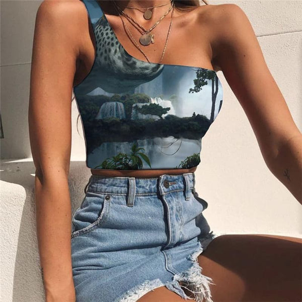 Fish Vest Tops Women Animal Tees Graphic Forest One Shoulder Crop