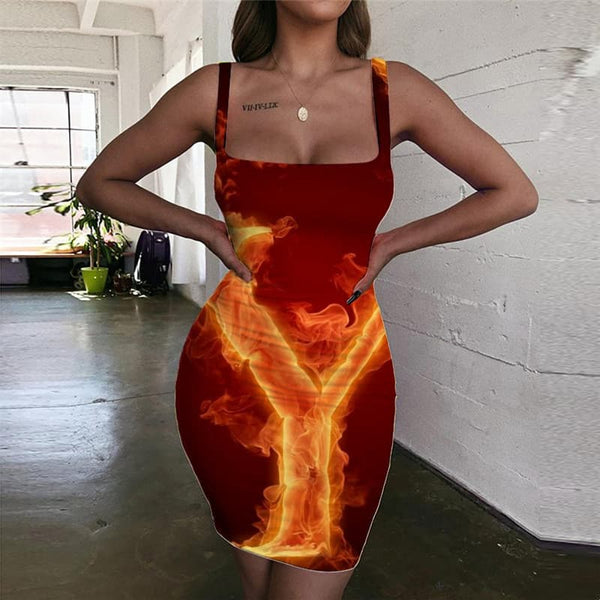 Flame Dress Women Letter Ladies Dresses Harajuku Bodycon Dress Womens Clothing