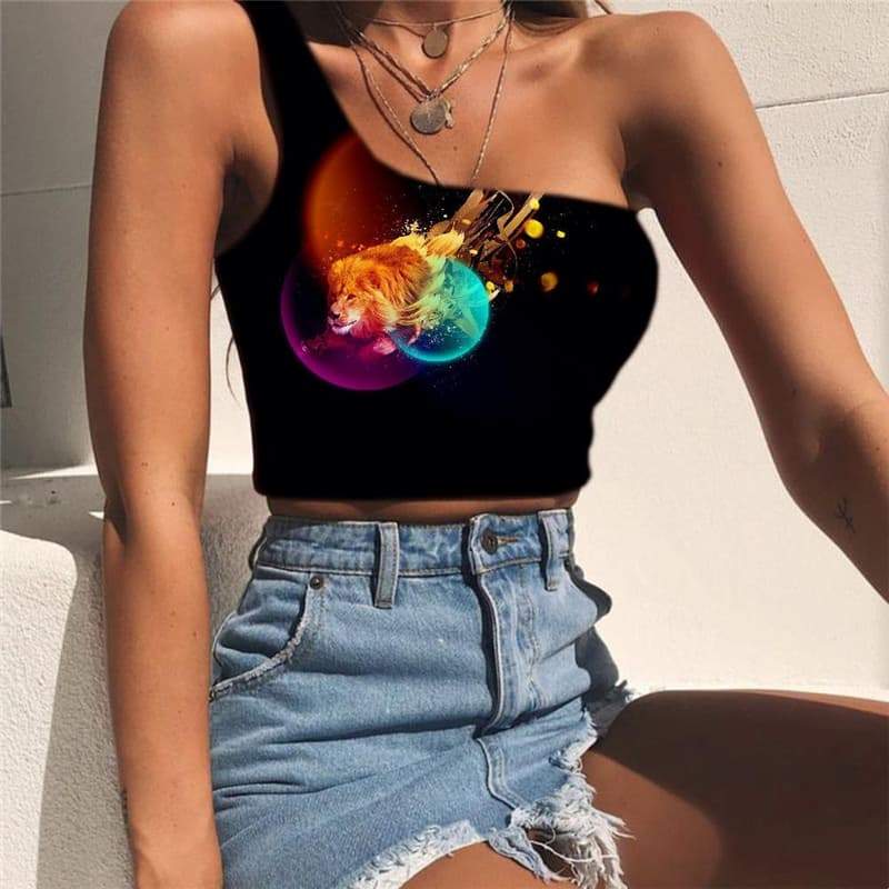 Lion Tank Tops Women Animal Tees Graphic Anime One Shoulder Crop Colorful Sleeveless Shirt Flame Midriff T shirt - KYKU