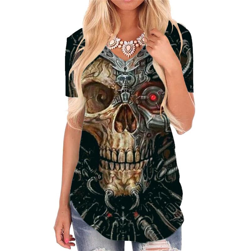 Skull T-shirt women Punk V-neck Tshirt Mechanical Funny T shirts Black Tshirts Printed Metal T-shirts 3d