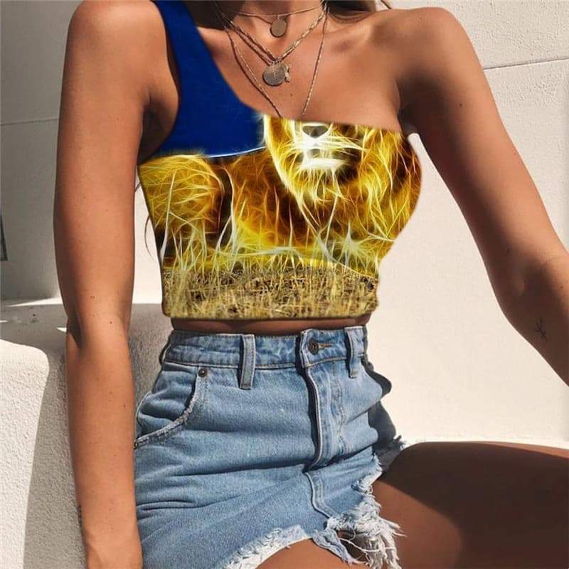 Lion Vest Tops Women Animal One Shoulder Crop Anime Tees Graphic Harajuku Sleeveless Shirt Lightning Midriff T shirt - KYKU