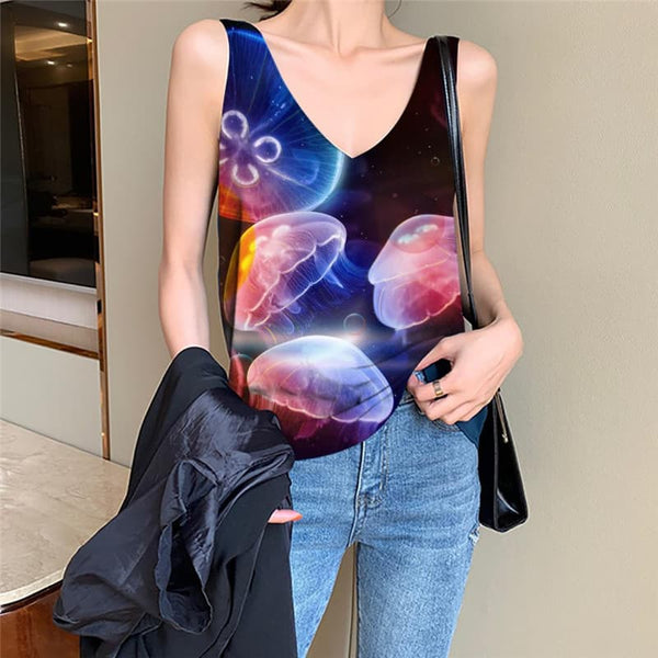 Ocean Tank Top Women Jellyfish Vest Print Fluorescence Vest Printed Colorful Funny Top