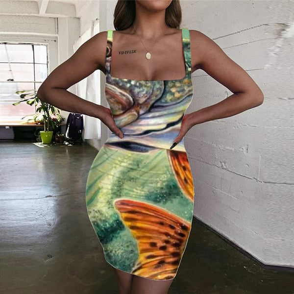 Fish Dresses Women Animal Vestido Sexy Fishinger Sundress Art Halter Sleeveless