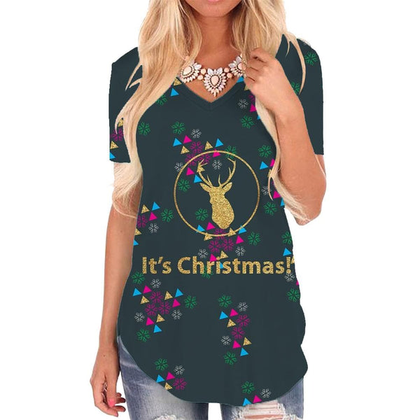 Christmas T-shirt women Deer V-neck Tshirt Animal T-shirts 3d Snowflake Shirt Print