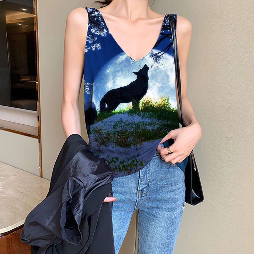 Wolf Tank Top Women Animal Anime Clothes Anime Funny Top Moon Vest Print Flower Tank Tops Casual - KYKU