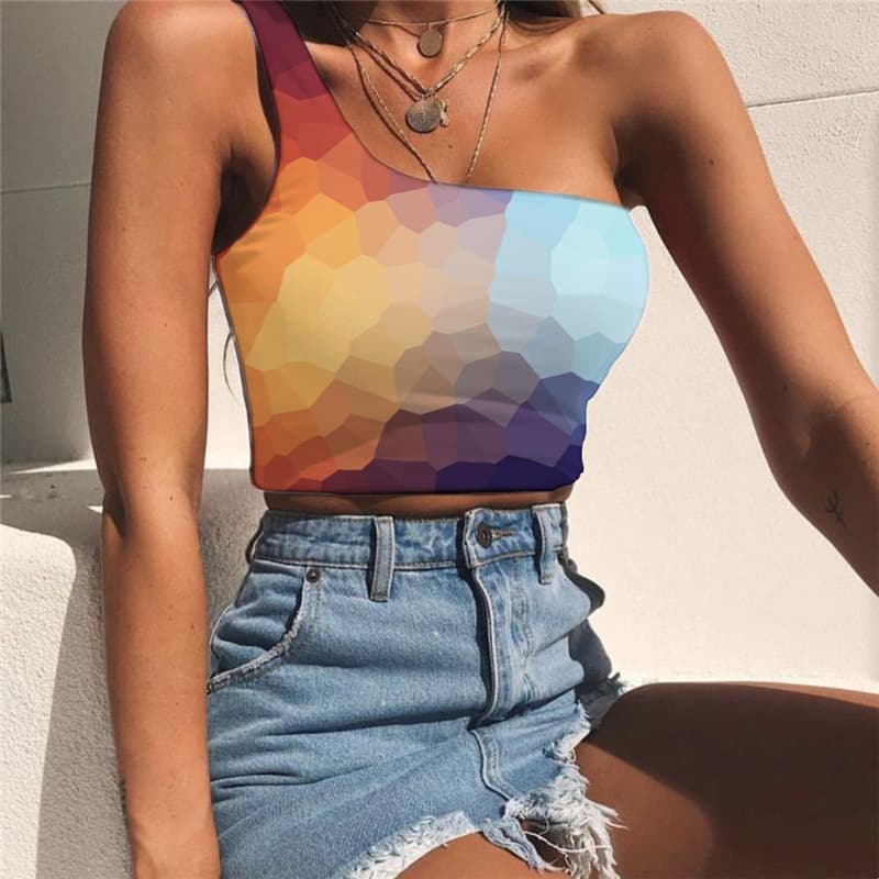 Colorful Tank Tops Women Geometry Tees Graphic Abstract One Shoulder Crop