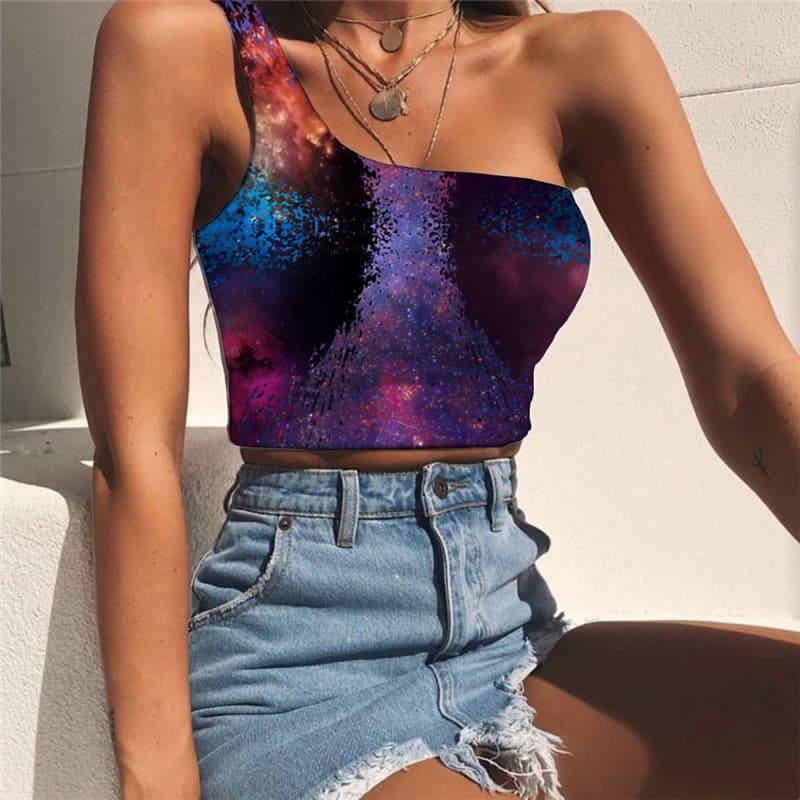Galaxy Tank Tops Women Space Tees Graphic Universe One Shoulder Crop Novel Midriff T shirt