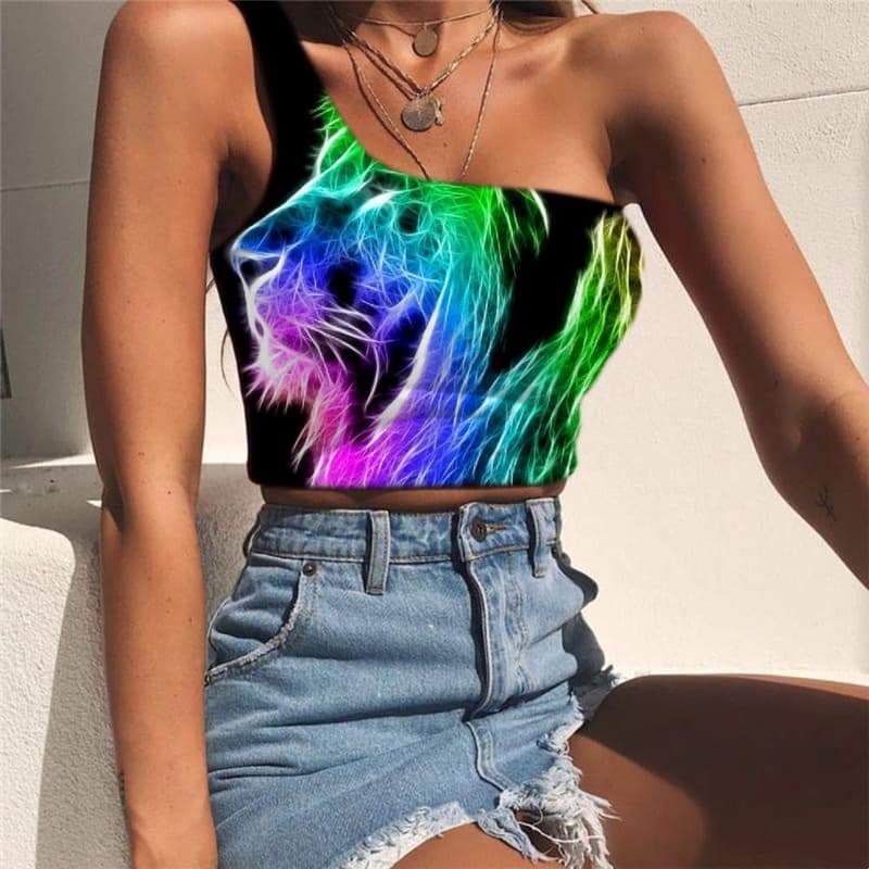 Lion Tank Tops Women Animal Tees Graphic Anime One Shoulder Crop Colorful Sleeveless Shirt Flame Midriff T shirt - KYKU