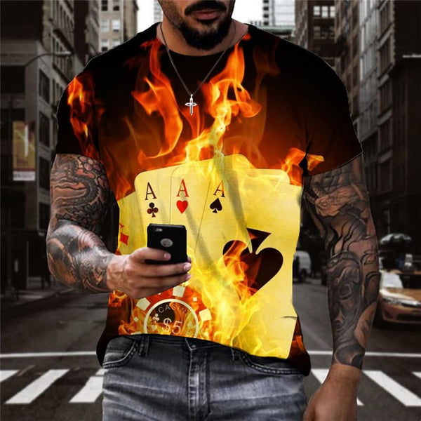 Playing Cards T shirt Men Flame Anime Clothes Gambling Tshirts Casual Harajuku Shirt Print