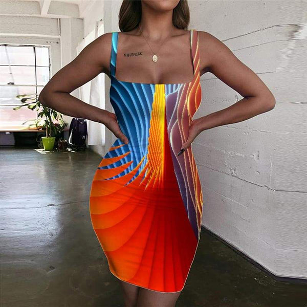 Geometric Dresses Women Psychedelic Halter Sleeveless Vortex 3d Print Color Bodycon Dress - KYKU