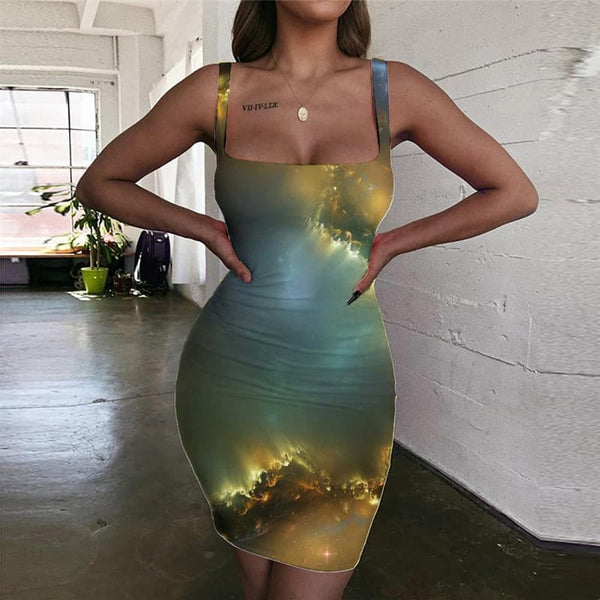 Galaxy Dress Women Space Ladies Dresses Universe 3d Print Black Hole Halter Sleeveless