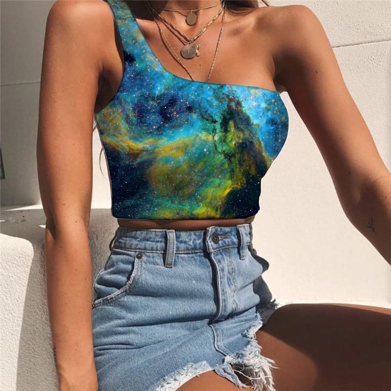 Galaxy Tank Tops Women Space One Shoulder Crop Universe Tees Graphic Nebula Sleeveless Shirt