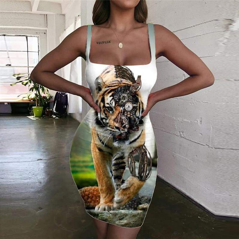 Lion Dress Women Animal Ladies Dresses Anime Bodycon Dress Tiger 3d Print Harajuku Sundress - KYKU