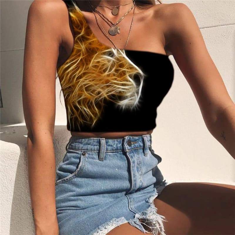 Lion Vest Tops Women Animal One Shoulder Crop Anime Sleeveless Shirt Harajuku Tees Graphic Flame Midriff T shirt - KYKU