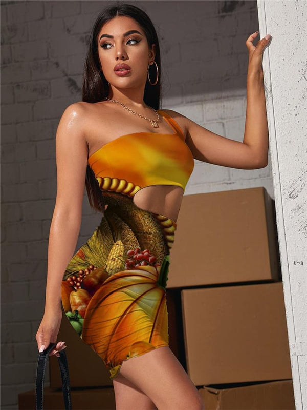 
Pumpkin Dress Women Halloween Vestido Sexy Food Pleating Landscape Hollow out Dresses
                