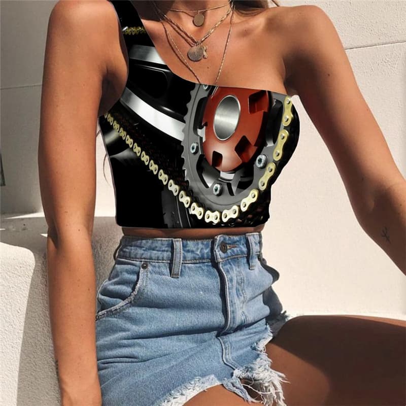 Engine Tank Tops Women Gear One Shoulder Crop Metal Sleeveless Shirt