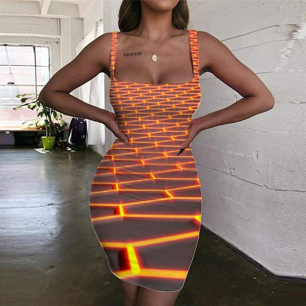 Geometric Dresses Women Psychedelic Ladies Dresses Vortex Sundress Honeycomb Vestido Sexy Square Halter Sleeveless - KYKU