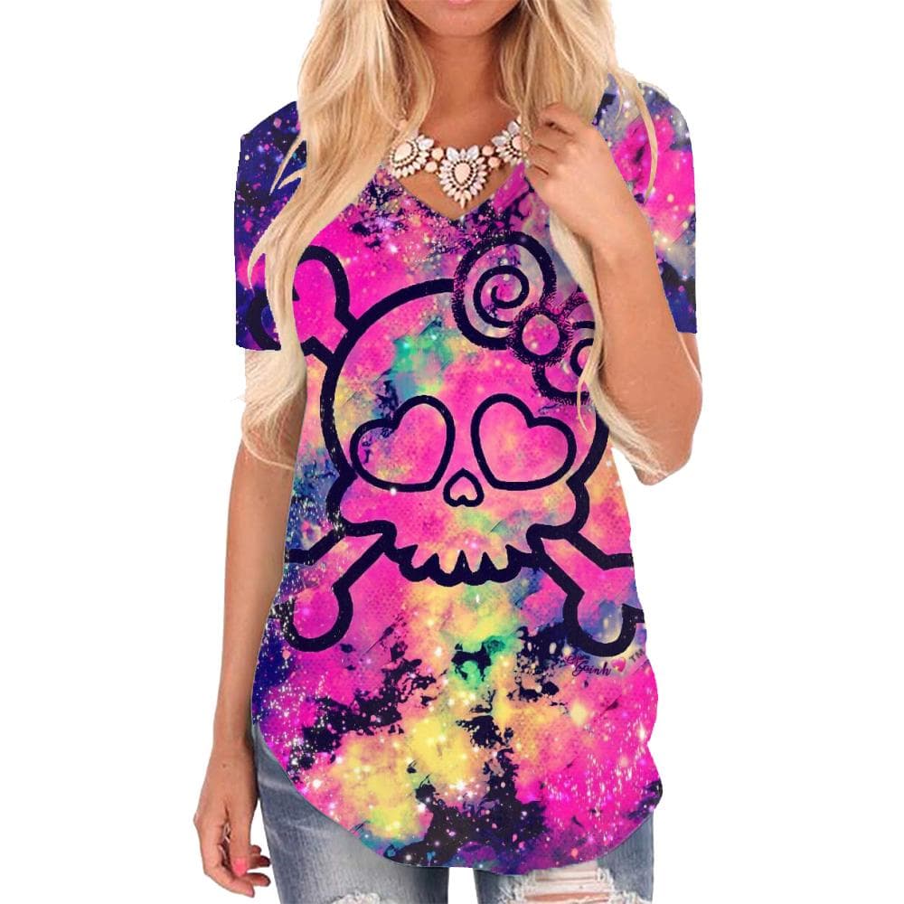 Skull T-shirt women Skeleton T-shirts 3d Kawaii Tshirts Printed Colorful Funny T shirts Graffiti V-neck Tshirt