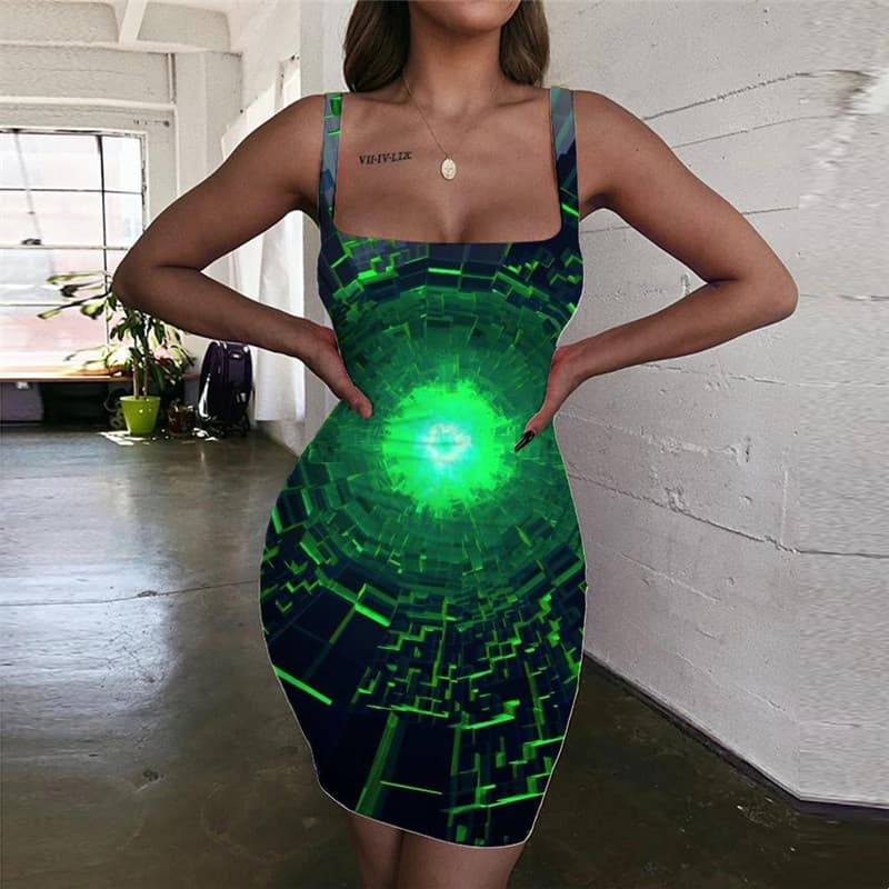 Dizziness Dresses Women Green Sundress Technology Bodycon Dress Art Ladies Dresses