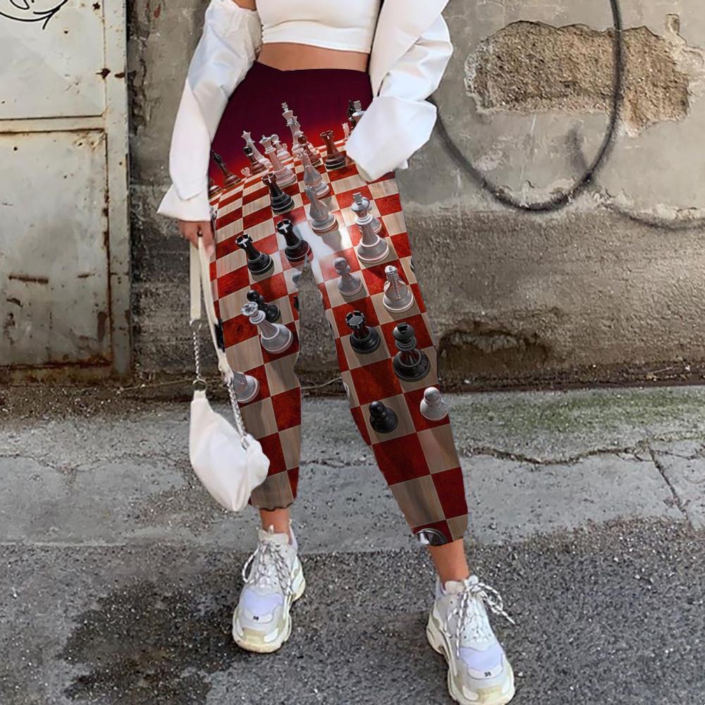 Geometric Pants Women Psychedelic High Waist Pants Vortex Jogger Pants International Chess Casual Pant - KYKU