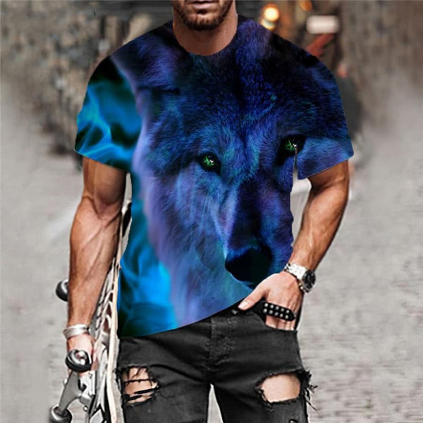 
Wolf T shirt Men Animal Anime Clothes Flame Shirt Print Blue Tshirt Printed
                