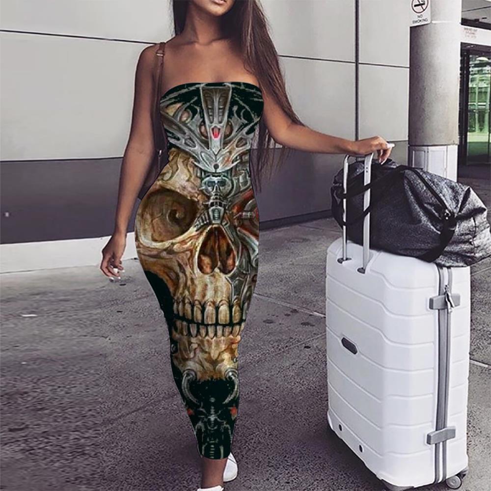 Skull Dress Women Punk Bodycon Dress Mechanical 3d Print Black Party Metal Sundress - KYKU