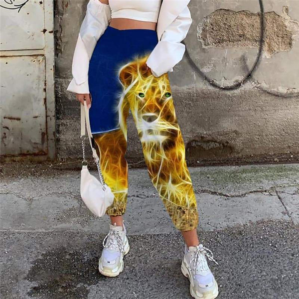 Lion Trousers Women Animal Trouser Anime High Waist Pants Harajuku Casual Pant Lightning Jogger Pants - KYKU