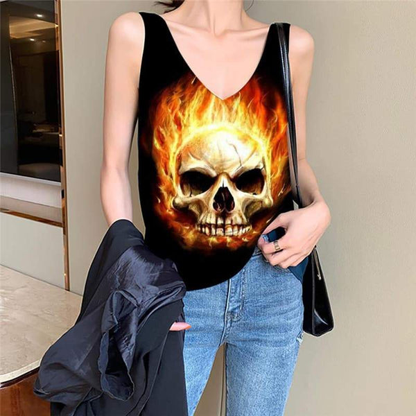 Skull Tank-Top women Punk Sleeveless 3d Skull Funny Top Flame Vest Printed - KYKU