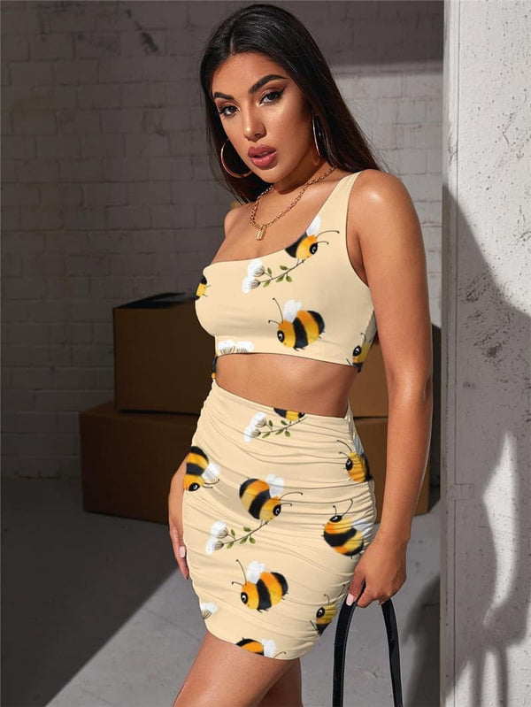 
Bee Dresses Women Animal Pleating Flower 3d Print Lovely Halter Sleeveless
                