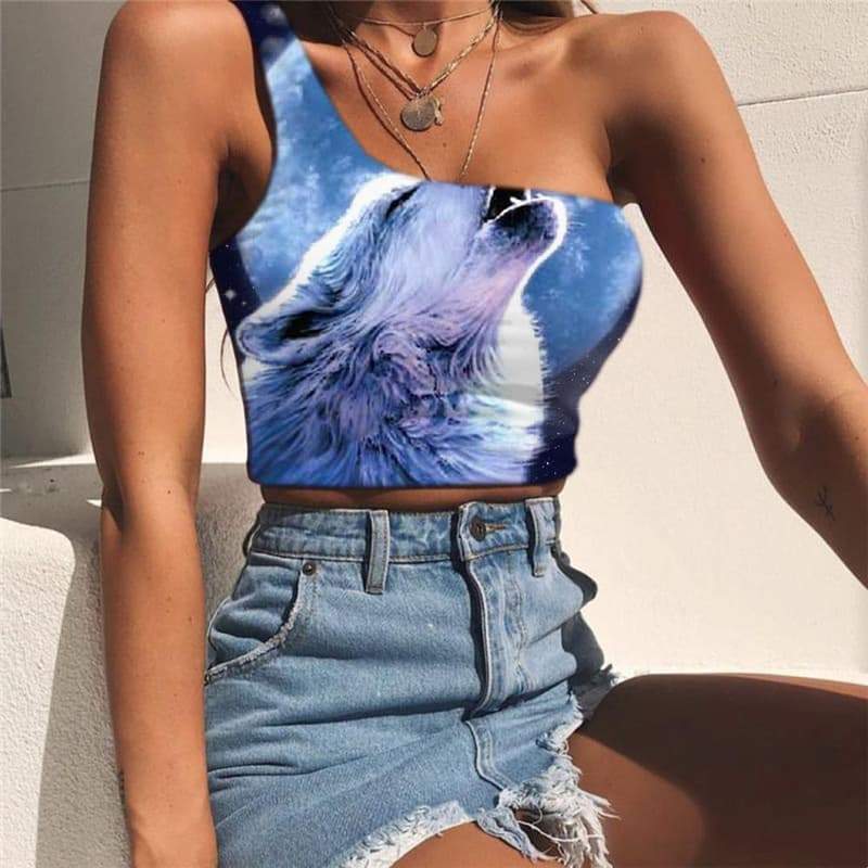 Wolf Tank Tops Women Animal One Shoulder Crop Anime Tees Graphic Moon Sleeveless Shirt Galaxy Midriff T shirt - KYKU