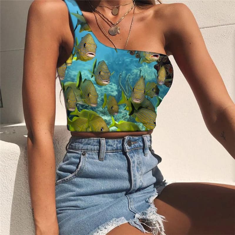 Fish Vest Tops Women Carp Midriff T shirt Fishinger One Shoulder Crop Animal Sleeveless Shirt Tropical Tees Graphic