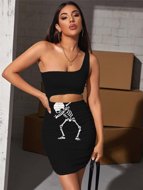 Skull Dresses Women Skeleton Halter Sleeveless Dancing Pleating Rock Vestido Sexy