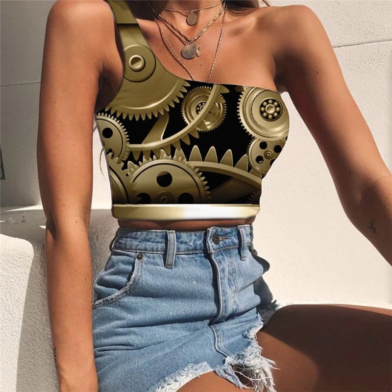 Metal Tank Tops Women Engine Sleeveless Shirt Gear Tees Graphic Golden One Shoulder Crop