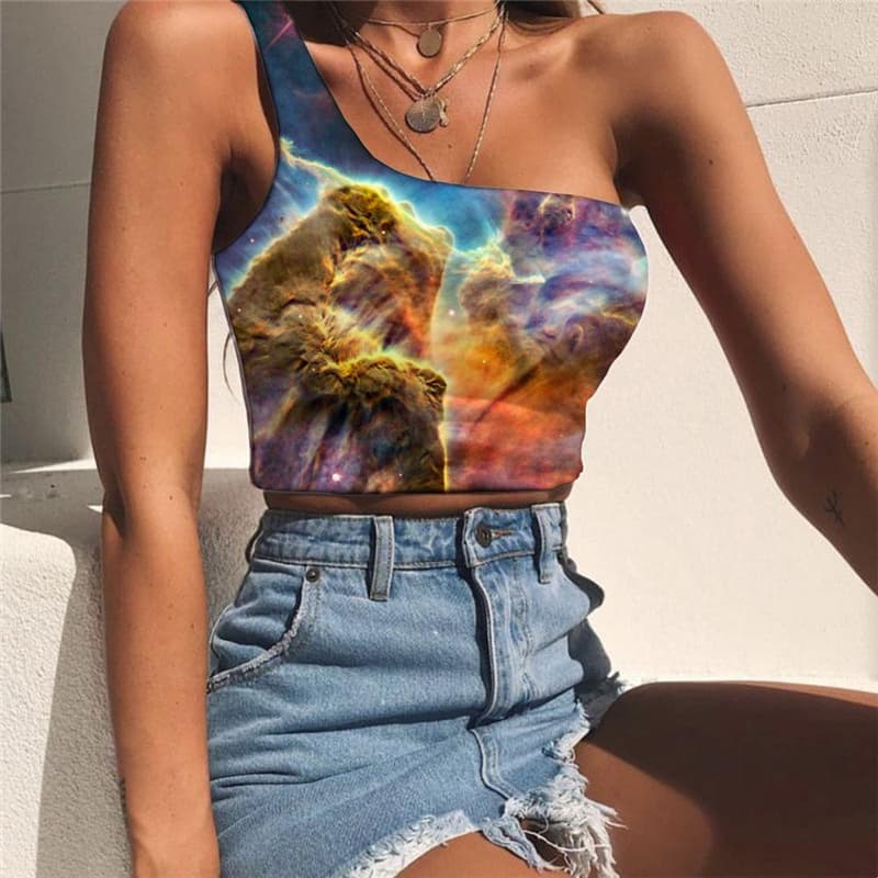 Galaxy Tank Tops Women Space Sleeveless Shirt Universe Midriff T shirt Colorful Tees Graphic
