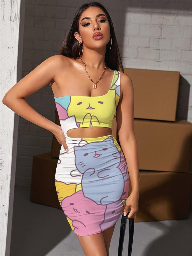 Cat Dress Women Animal Hollow out Dresses Colorful Bodycon Dress Lovely Pleating