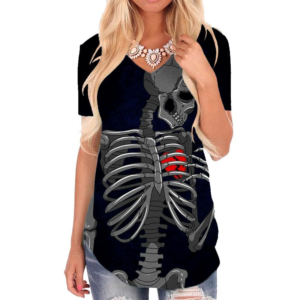 Skull T-shirt women Skeleton Tshirts Printed Broken Heart T-shirts 3d Rock V-neck Tshirt