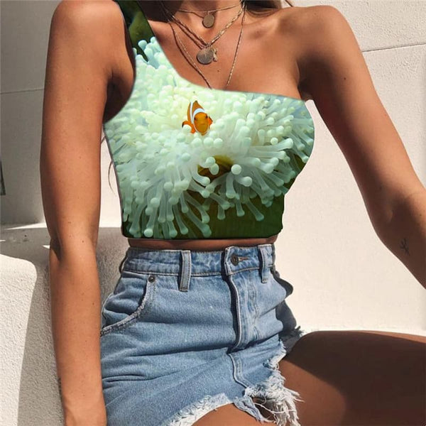 Fish Vest Tops Women Fishinger Midriff T shirt Animal One Shoulder Crop Tropical Tees Graphic White Sleeveless Shirt