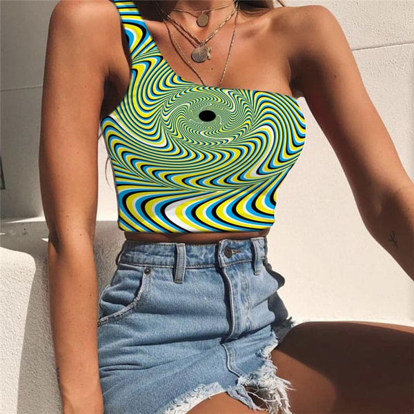 Hypnosis Vest Tops Women Abstract Midriff T shirt Psychedelic Tees Graphic Black Hole One Shoulder Crop