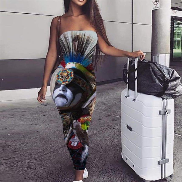Indios Dress Women Feather 3d Print Colorful Sundress  Vestido Sexy Metal sleeveless - KYKU