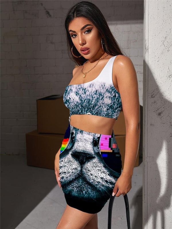 
Cat Dresses Women Animal Hollow out Dresses Rainbow Bodycon Dress Harajuku Vestido Sexy
                