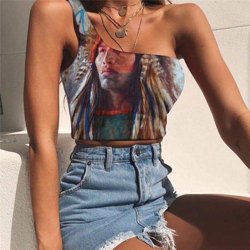 Indios Tank Tops Women Graffiti One Shoulder Crop Art Sleeveless Shirt Colorful Midriff T shirt - KYKU